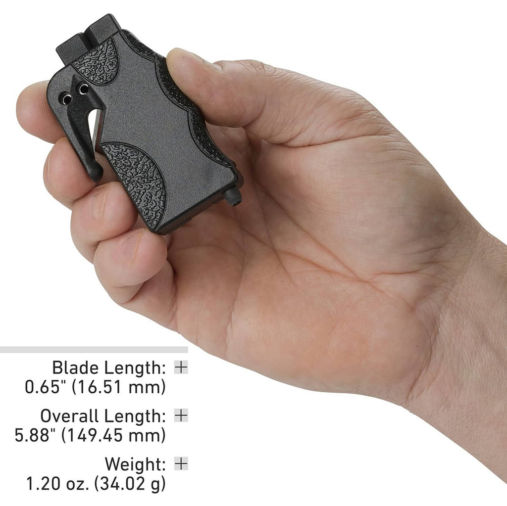 Emergency cutter tool held in hand, black textured housing