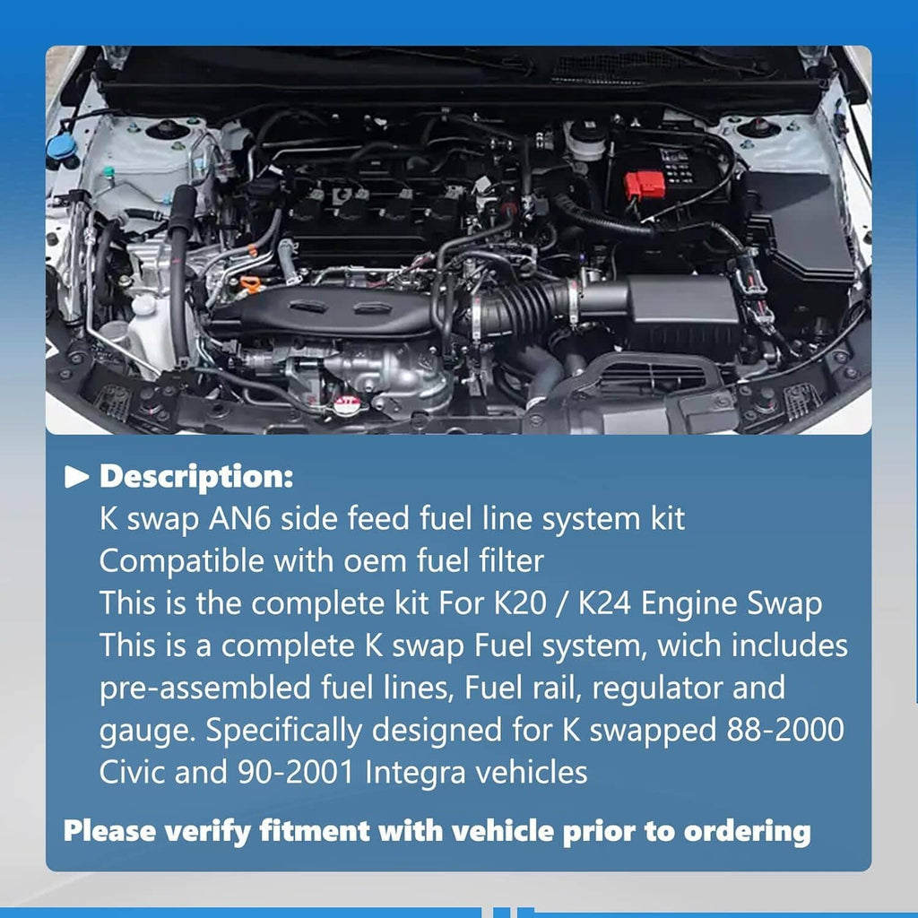 K-series fuel line system kit with fuel rail, regulator, gauge, and hose fitting parts