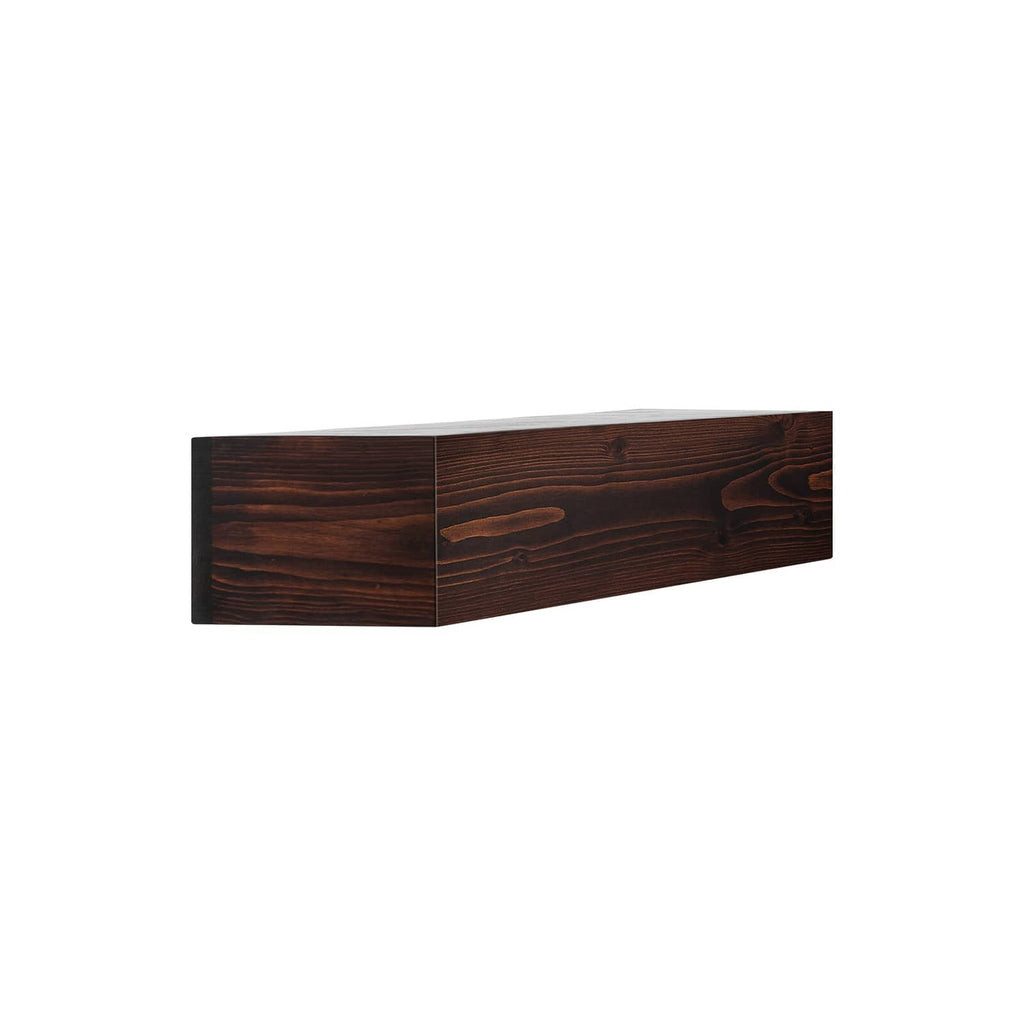 Brown wood floating fireplace mantel shelf with dark grain and panel seam detail