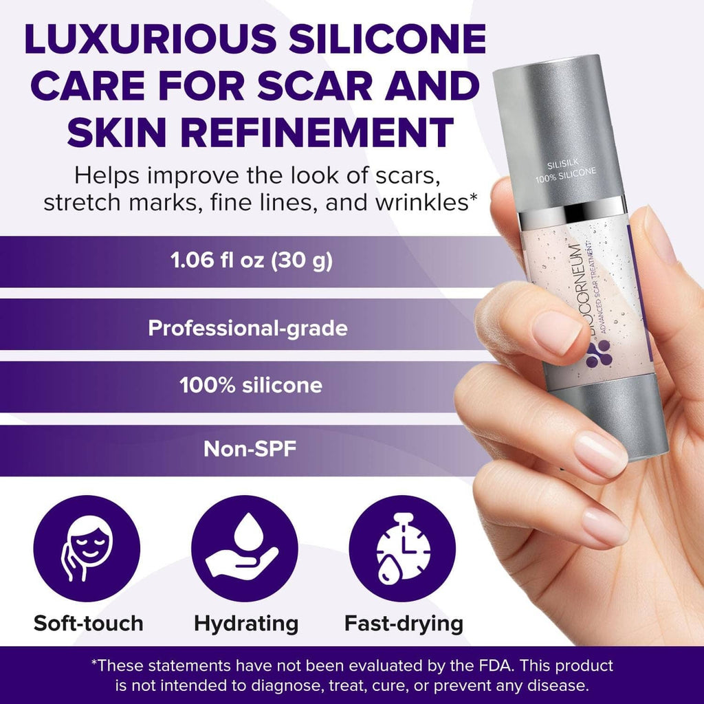 Biocorneum Silisilk 100% silicone scar gel bottle held in a hand, silver cap