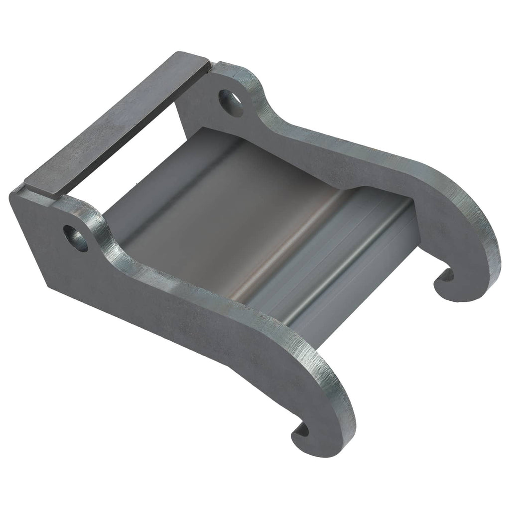 Angled view of dark gray excavator coupler bracket with open center and side prongs
