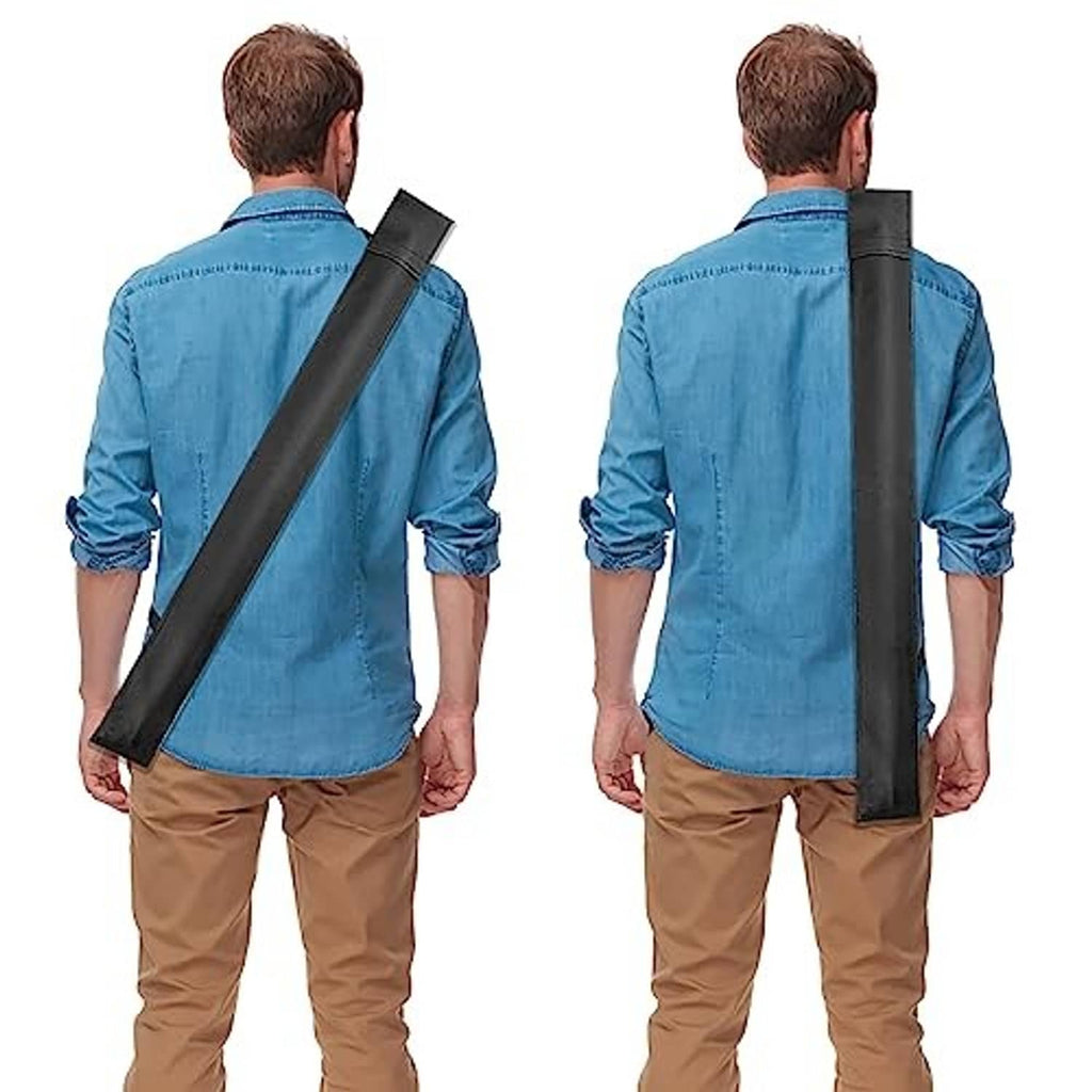 Black cue case worn across back with adjustable shoulder strap