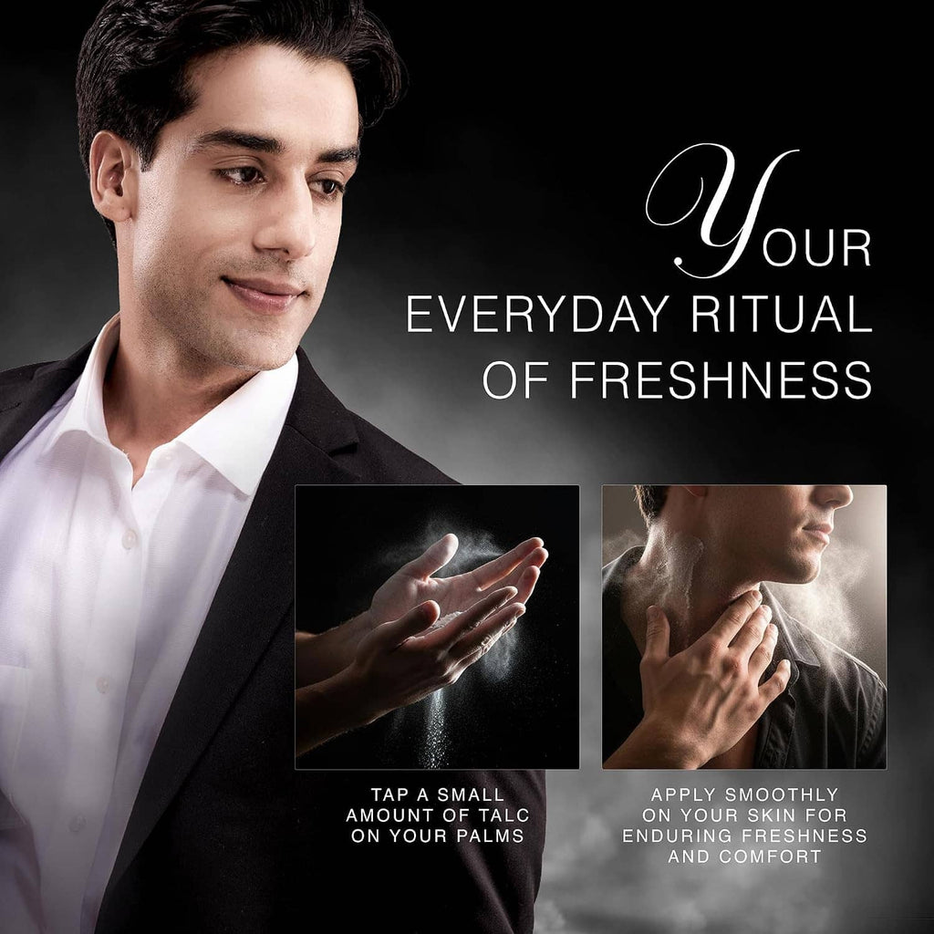 Man demonstrating a freshness ritual with talc on his palms, YARDLEY Gentleman