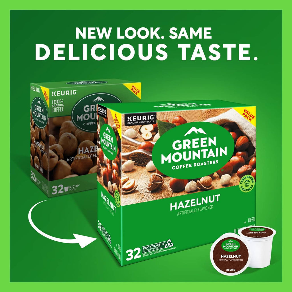 Hazelnut K-Cup pod pack and single-serve cups with Green Mountain logo