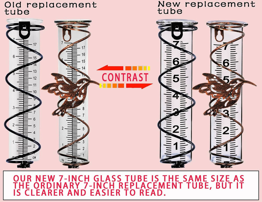 Glass rain gauge tube with inch scale and open top, shown beside another tube