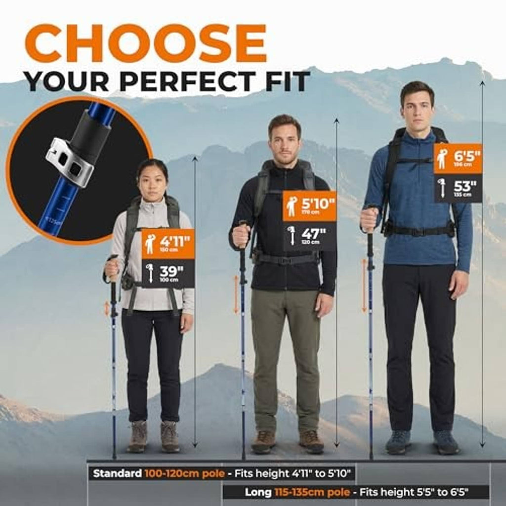 Height fit chart showing users with blue collapsible poles at different lengths