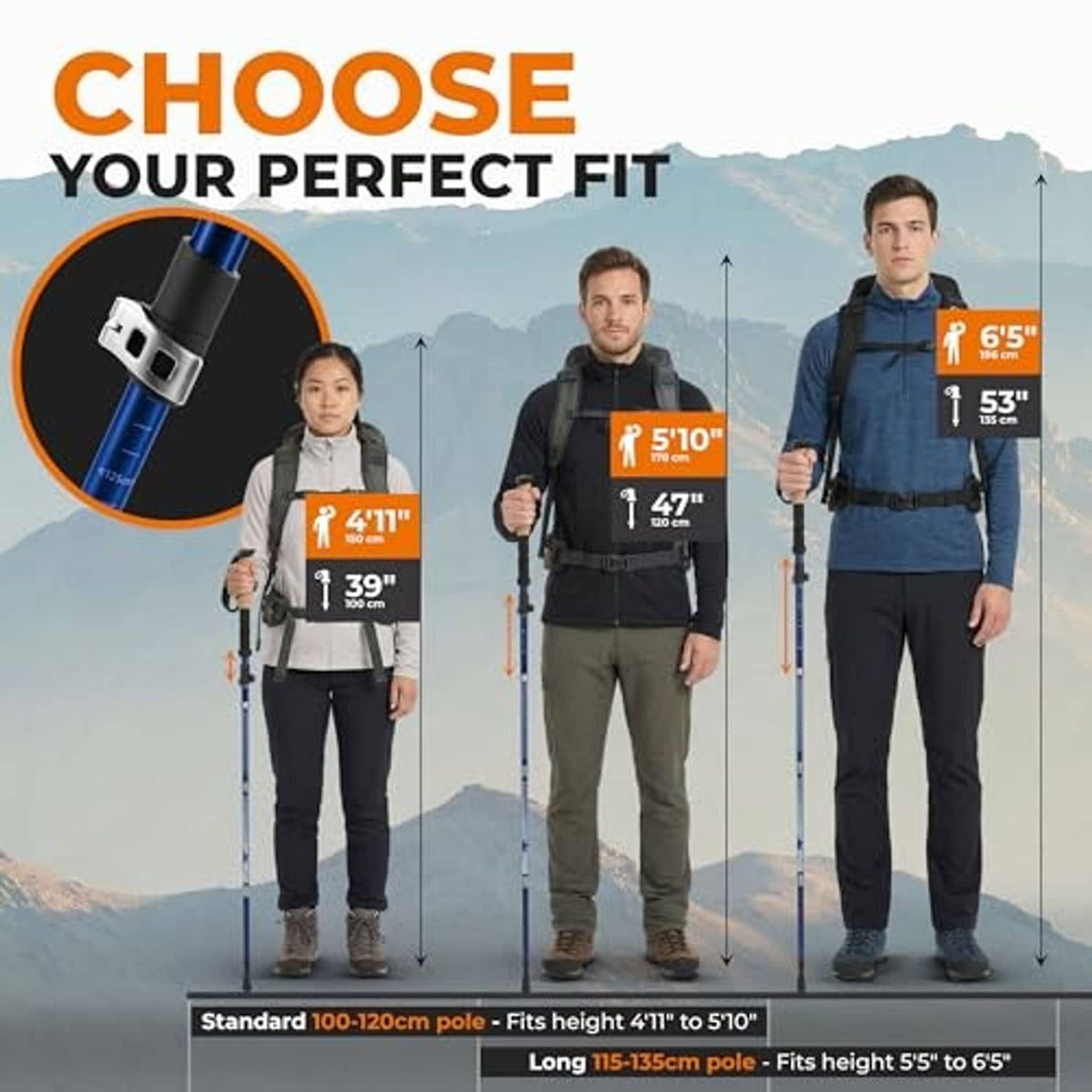 Height fit chart showing users with blue collapsible poles at different lengths
