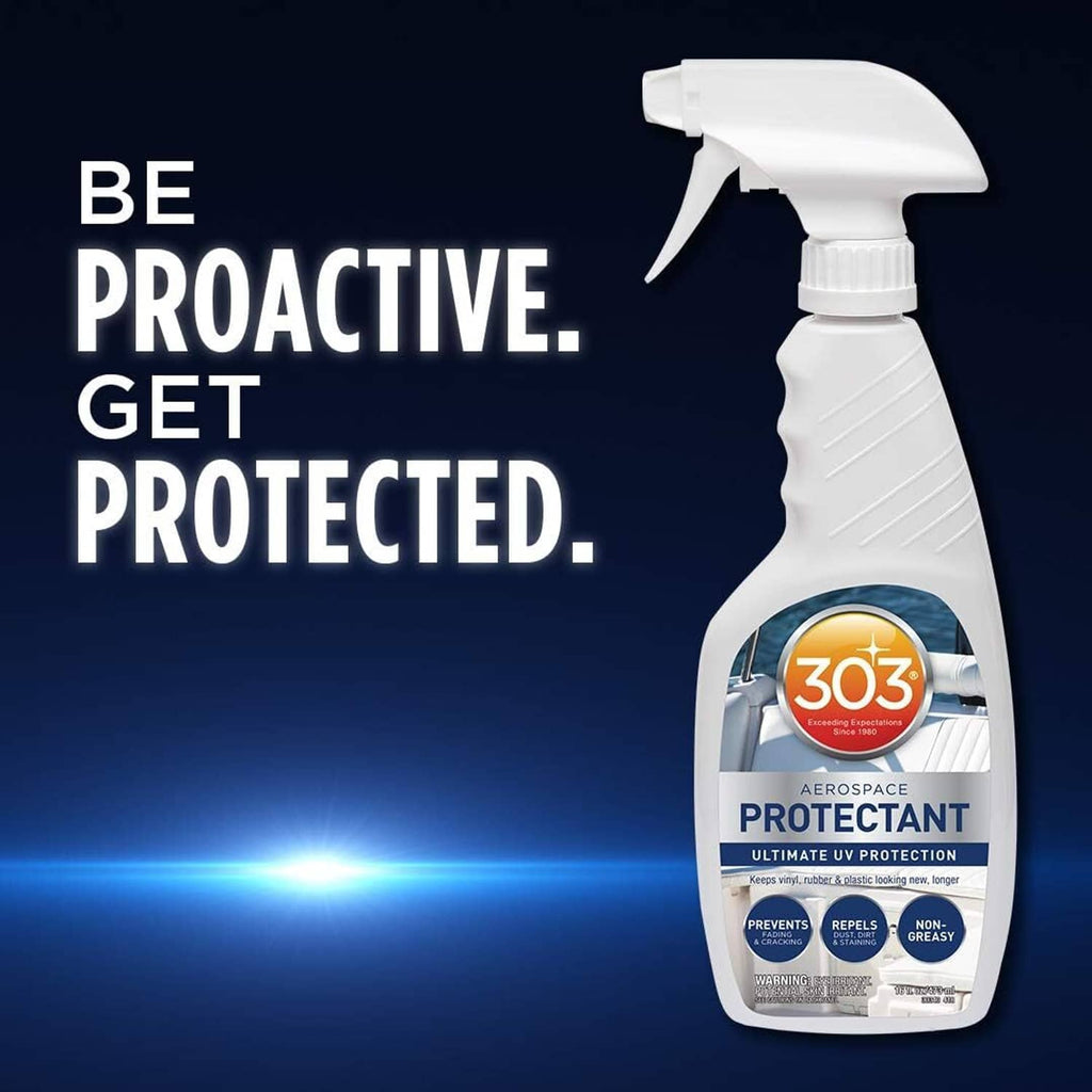 UV protectant spray bottle on a dark background with white trigger and label