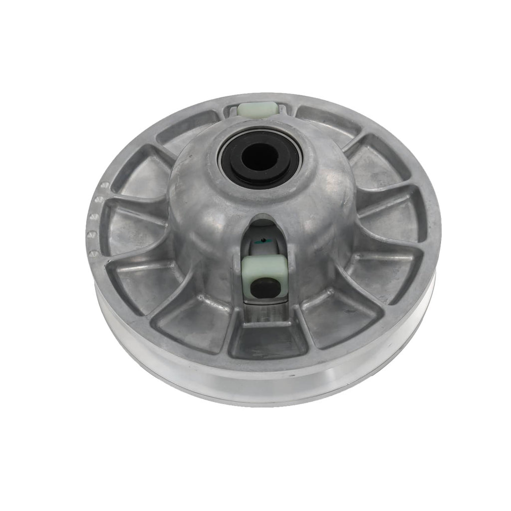 Secondary driven clutch sheave, silver metal with green damper block and central black opening