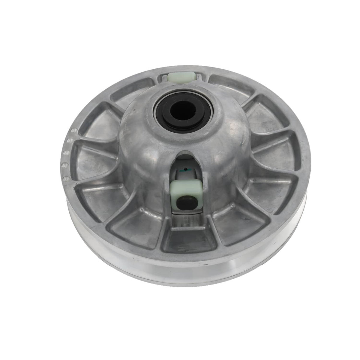 Secondary driven clutch sheave, silver metal with green damper block and central black opening