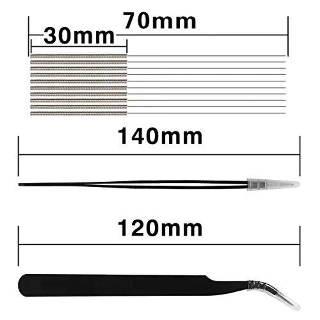 Nozzle cleaning needles and tweezers with length guide: 30mm, 70mm, 120mm, 140mm
