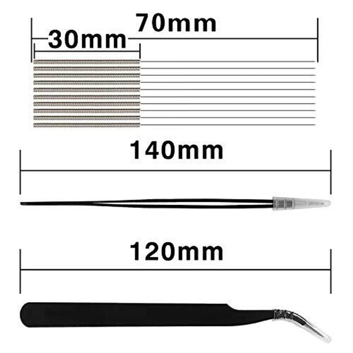 Nozzle cleaning needles and tweezers with length guide: 30mm, 70mm, 120mm, 140mm