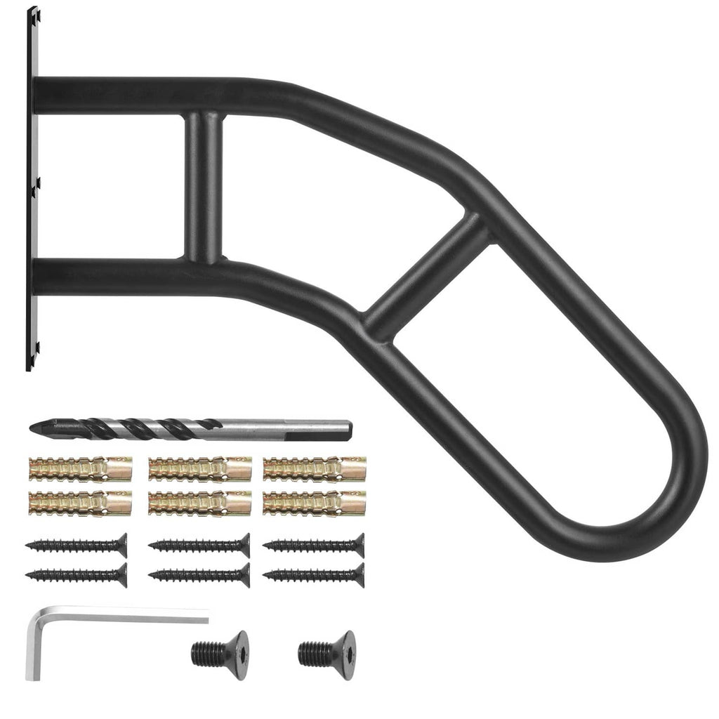 Wall-mounted safety handrail, matte black C-shaped grip with mounting plate