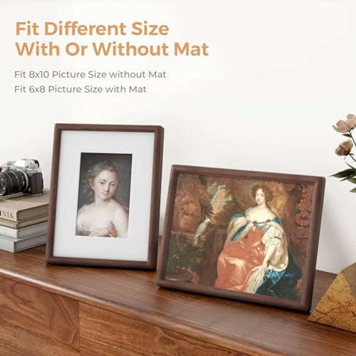 Walnut 8x10 picture frame with and without white mat, on a tabletop
