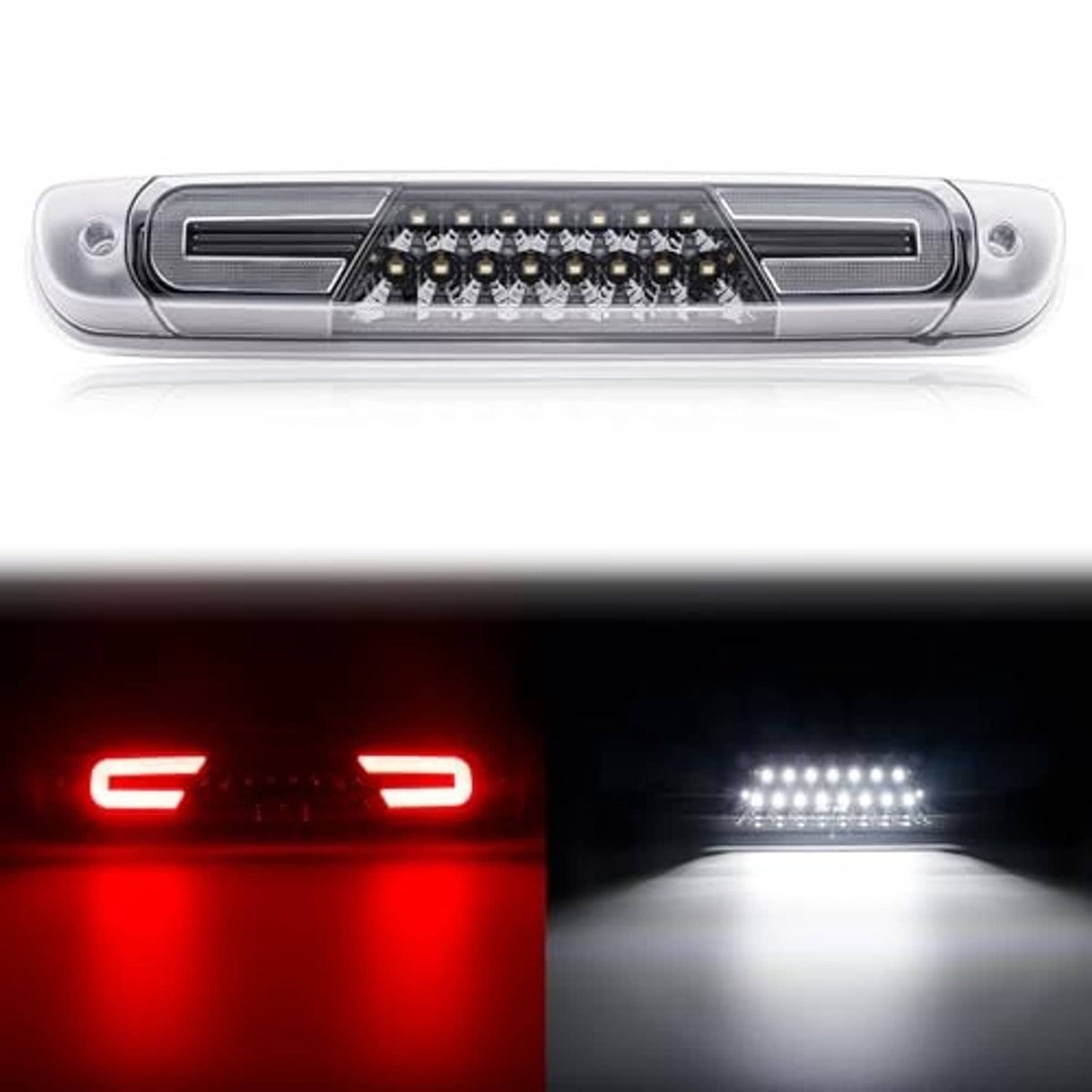 LED third brake light showing red glow and white LED illumination through clear lens