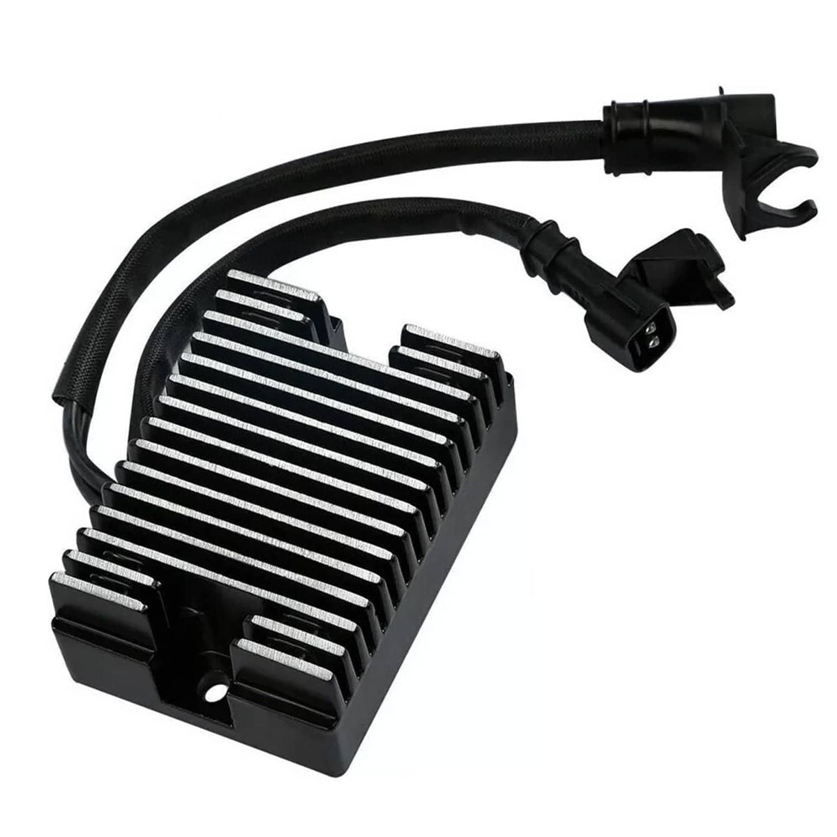 Black finned regulator rectifier with cables attached to motorcycle stator assembly
