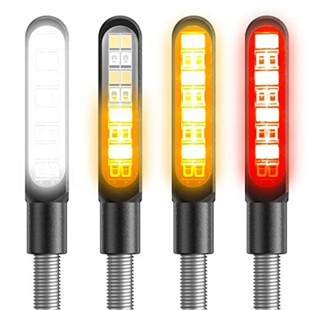 Four LED indicator lights with translucent lenses showing white, amber, yellow, and red