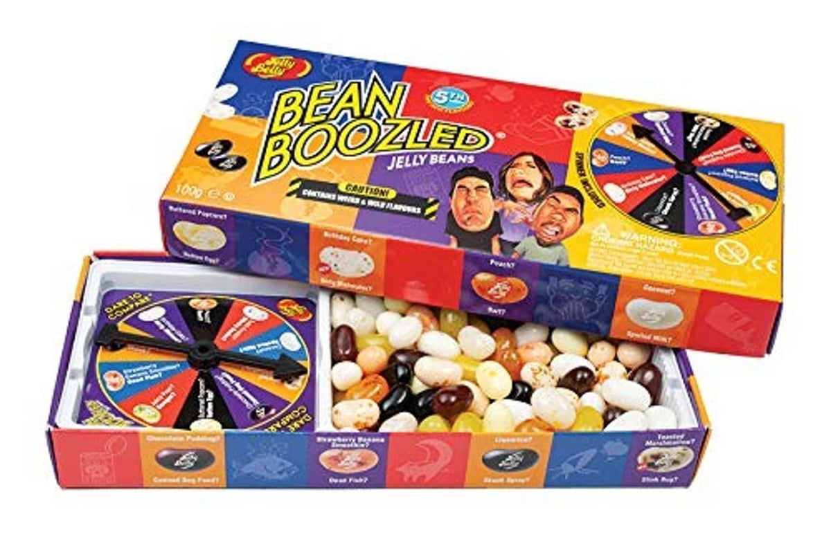 Open Jelly Belly Bean Boozled gift box with assorted multicolored jelly beans