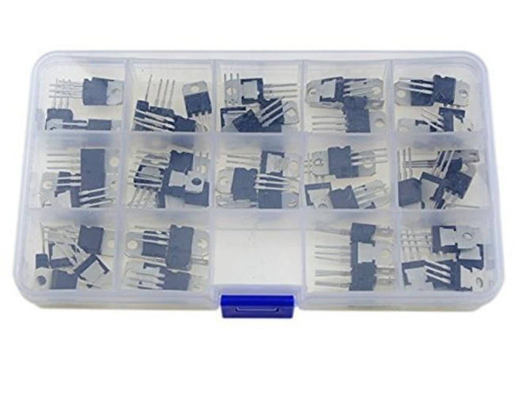 Assorted voltage regulator ICs inside clear plastic tray organizer