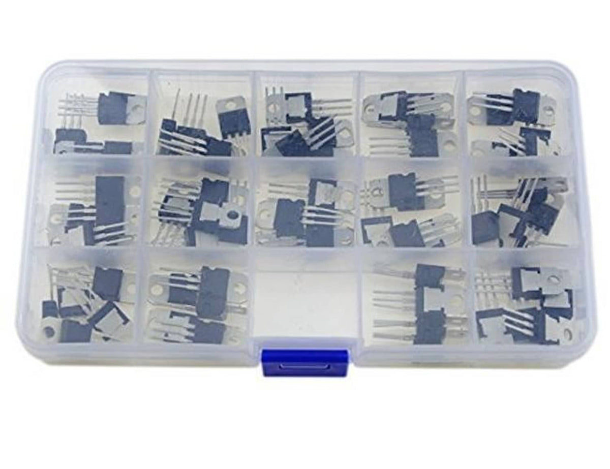 Assorted voltage regulator ICs inside clear plastic tray organizer