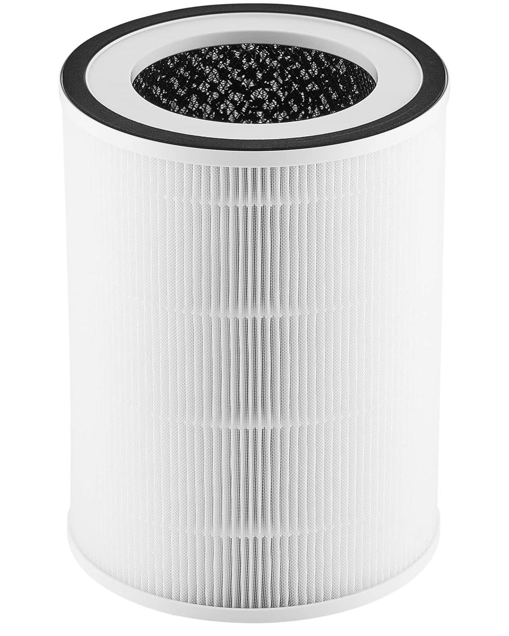 White cylindrical replacement air cleaner filter with black-rimmed top and fine pleated walls