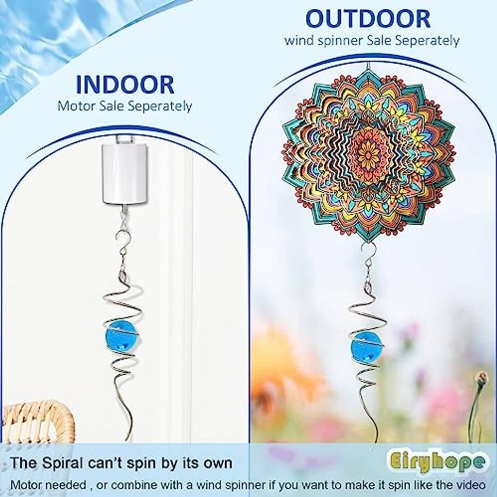 Blue glass orb spiral wind spinner with hanging metal hook