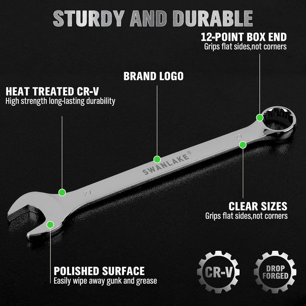 Chrome combination wrench set with polished surface and 12-point box end grips