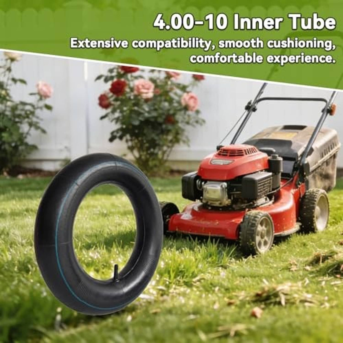 Black 4.00-10 inner tube with blue edge line and straight valve stem