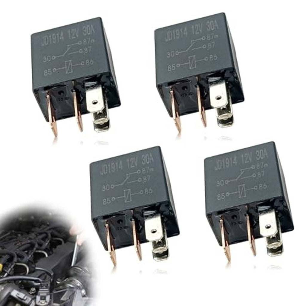 Set of four black 5-pin 12V relays with metal prongs and side mounting tabs
