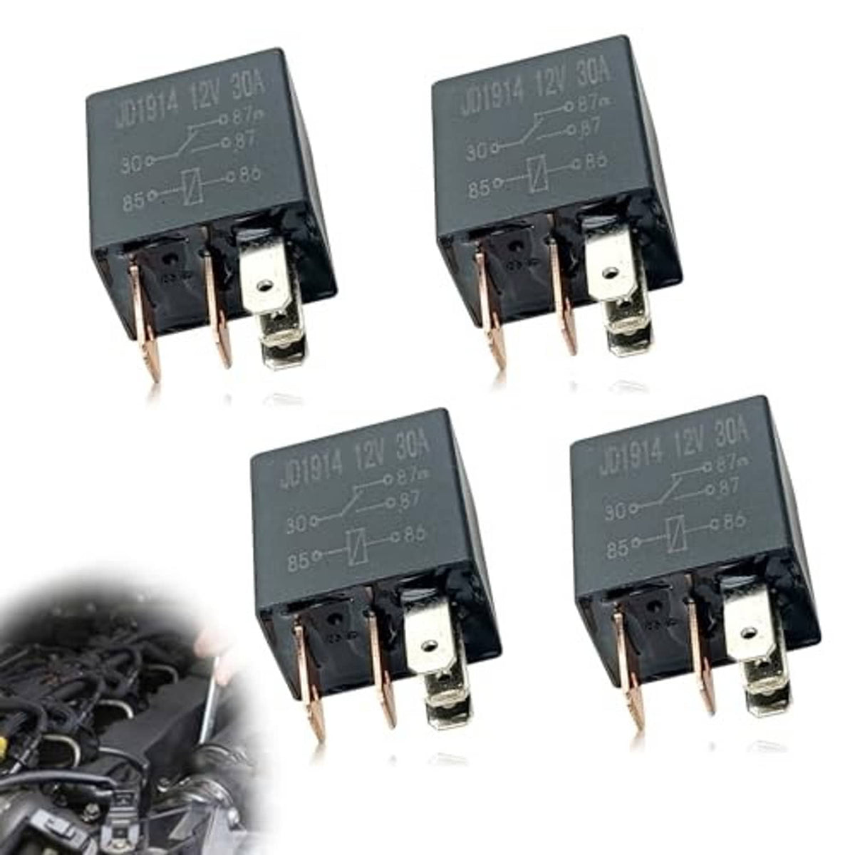 Set of four black 5-pin 12V relays with metal prongs and side mounting tabs