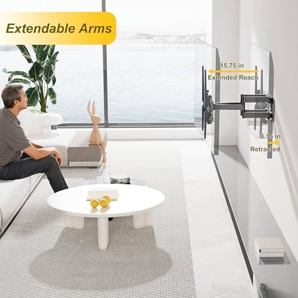 Black extendable TV wall mount with tilt feature and retracted arms on wall
