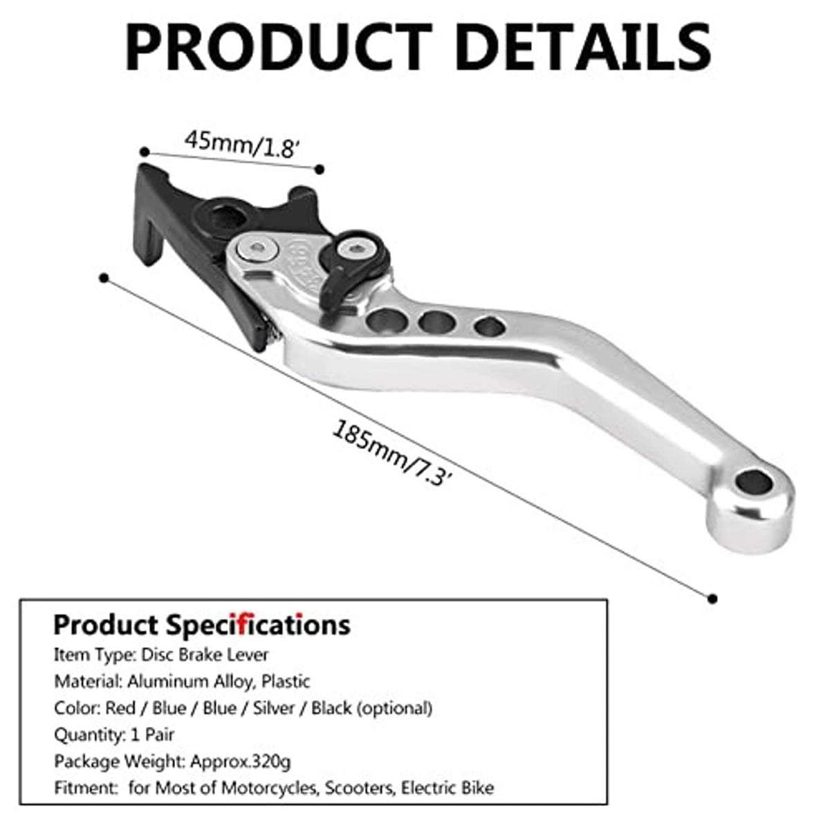 Silver disc brake lever with black mount and drilled blade, single lever view