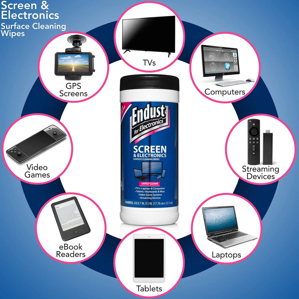 Endust screen cleaning wipes canister with black cap and blue front label, white container