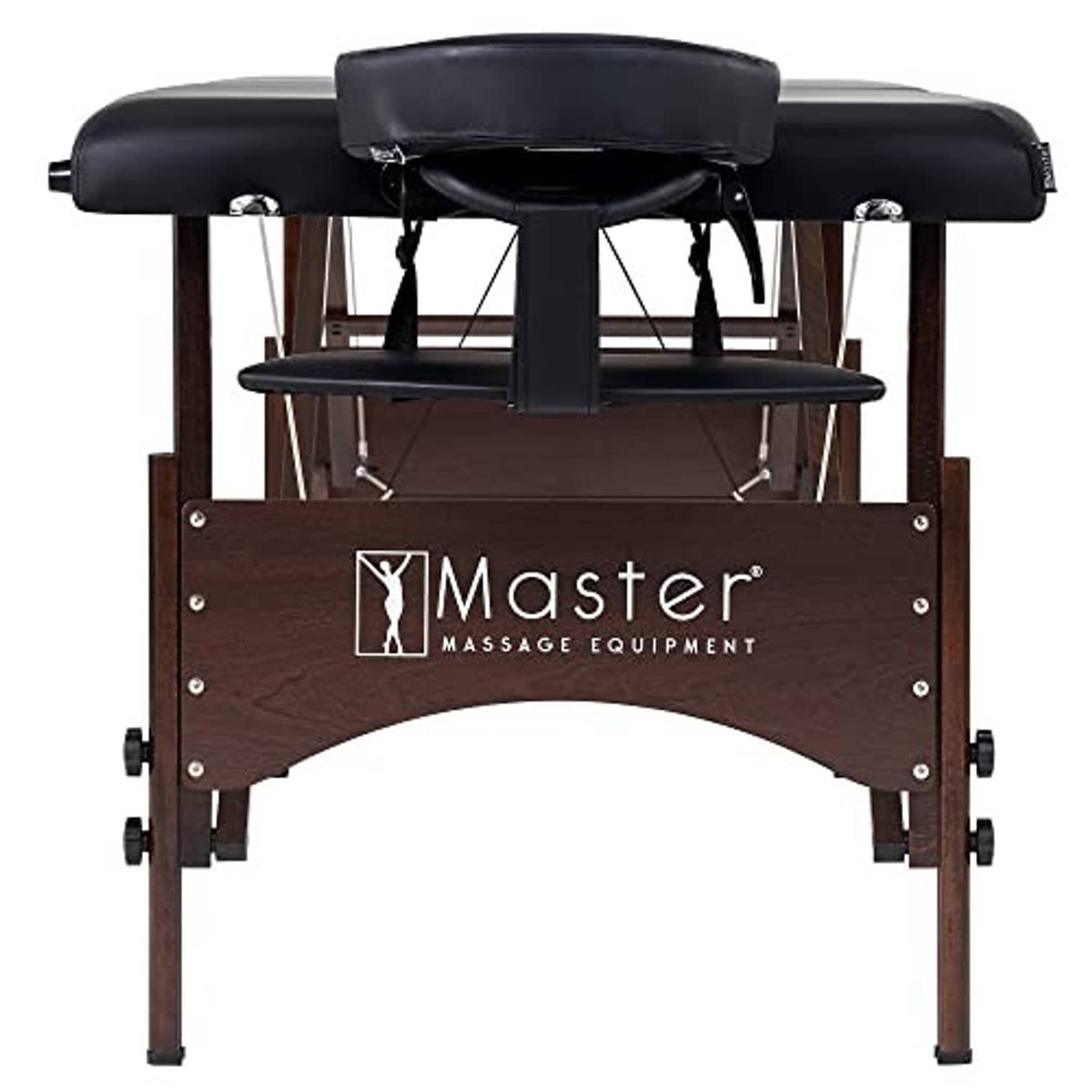 Black portable massage table with center headrest and walnut frame