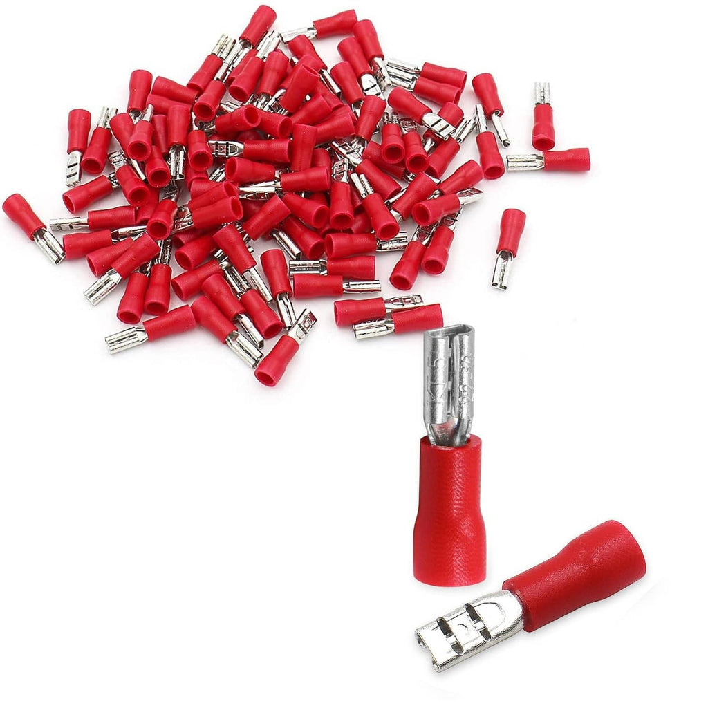 Red insulated female spade crimp terminals with metal pins, bulk pack pieces