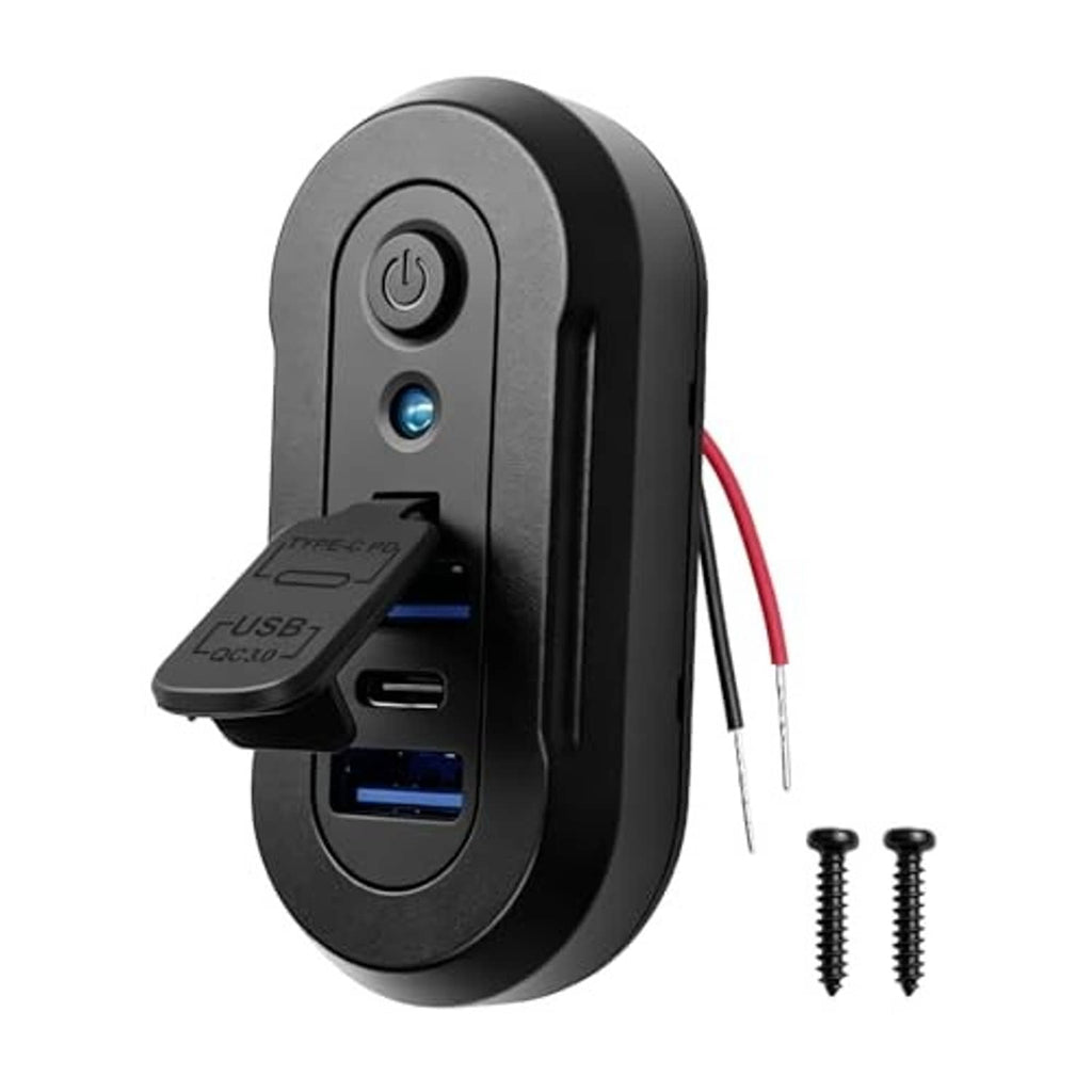 Black USB outlet panel with power button, blue indicator, USB-A and USB-C ports, red wires