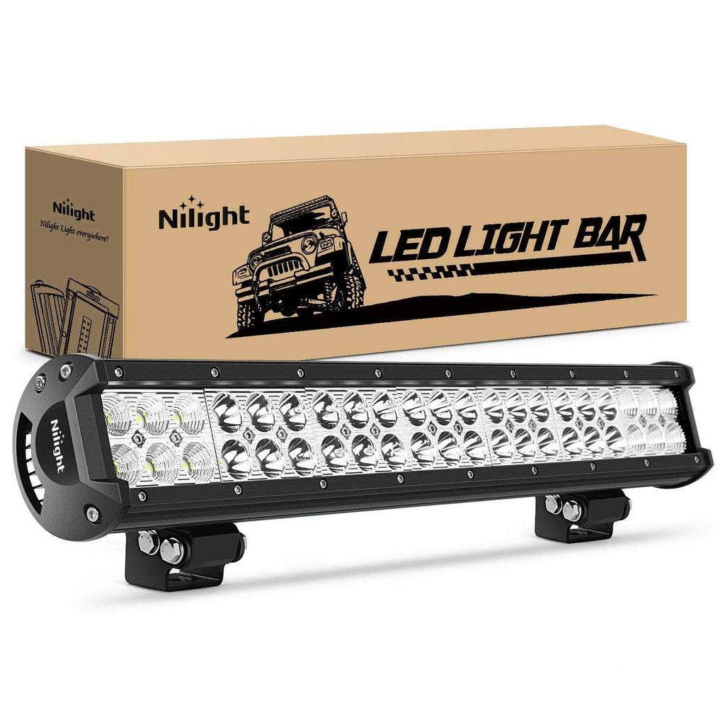 Black LED light bar with mounting brackets in retail box, front three-quarter view