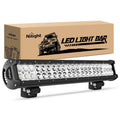 Black LED light bar with mounting brackets in retail box, front three-quarter view