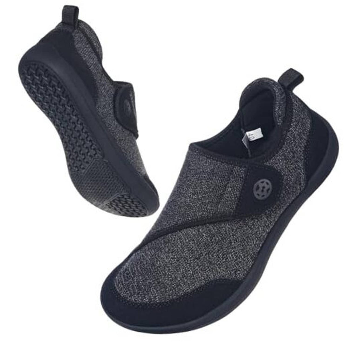 Men’s slip-on slippers, dark textured knit upper, hook-and-loop strap, cushioned sole
