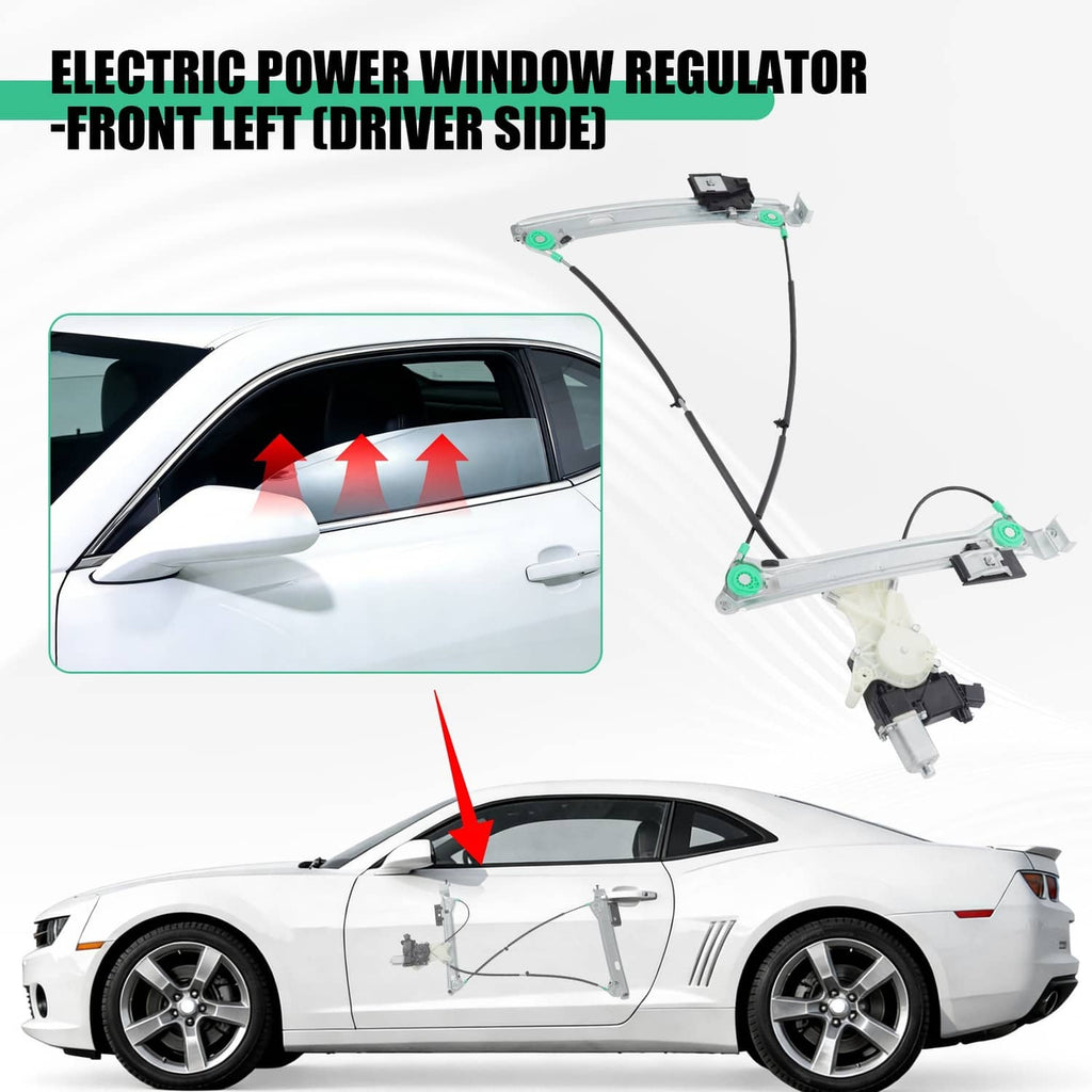 Front power window regulator and motor assembly with cable-driven lift mechanism