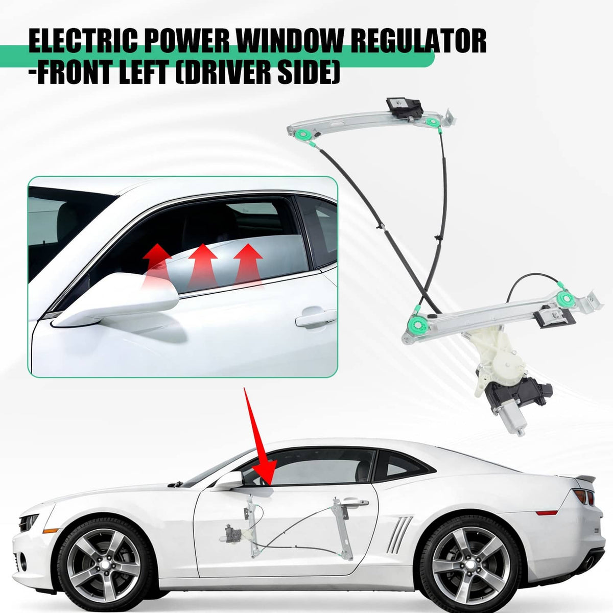 Front power window regulator and motor assembly with cable-driven lift mechanism