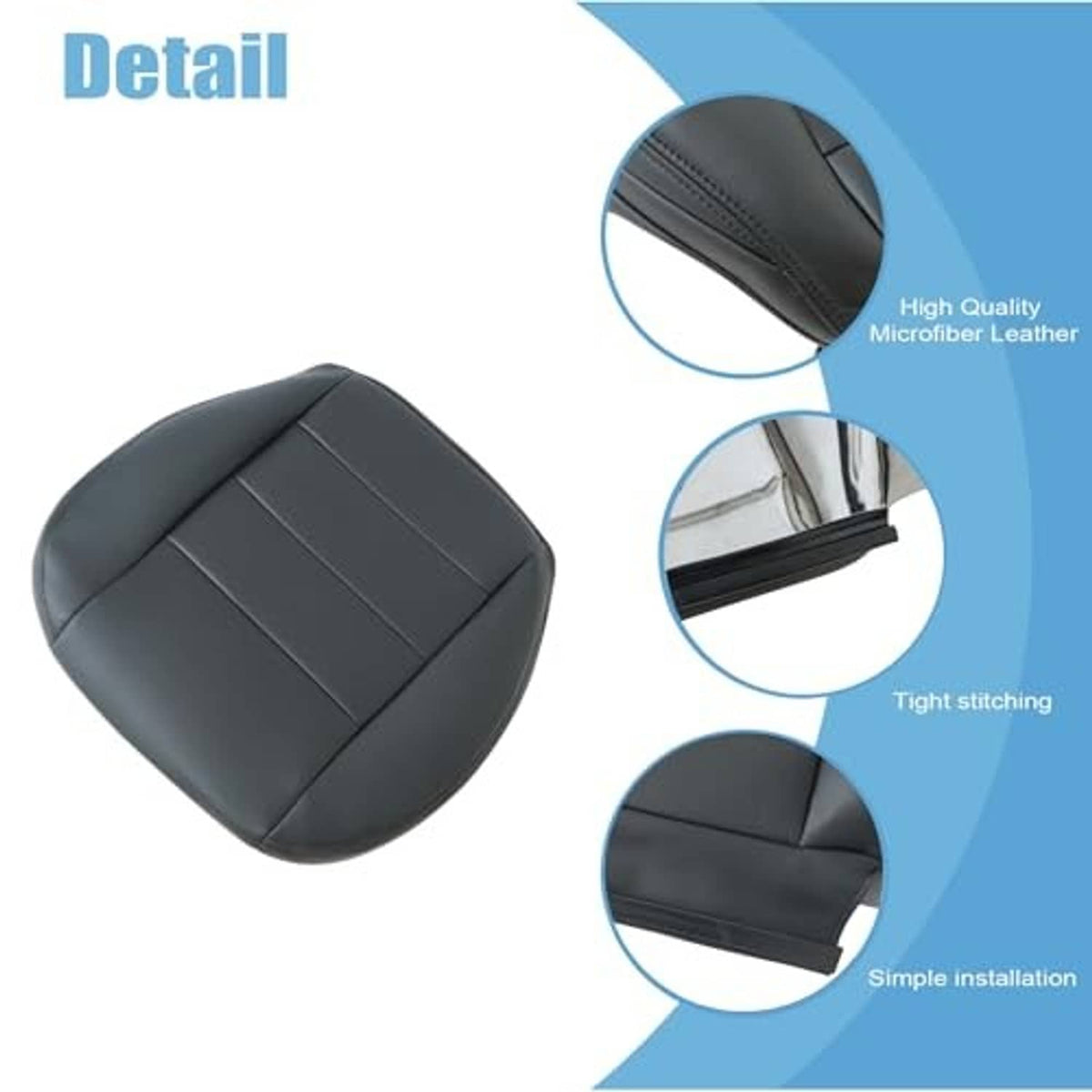 Black seat cover detail with tight stitching, reinforced edge seams, and curved padding