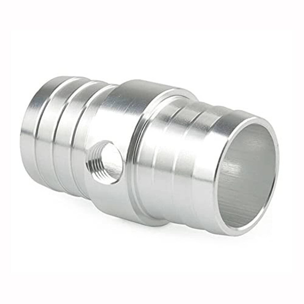 CNC aluminum hose adapter fitting with side threaded NPT steam port and polished finish