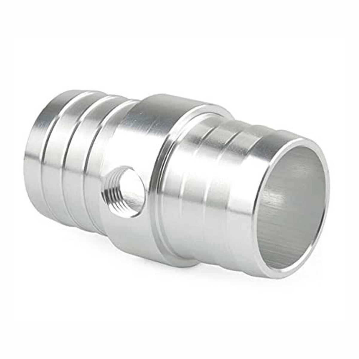 CNC aluminum hose adapter fitting with side threaded NPT steam port and polished finish