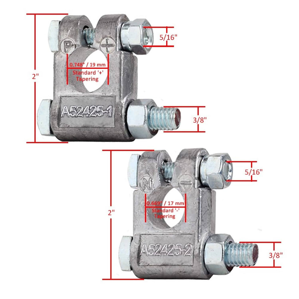 Top-post battery terminal end pair with N and P markings and measured dimensions