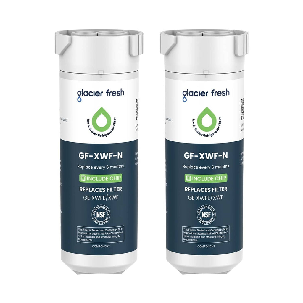 White refrigerator water filter cartridge with built-in chip, cylindrical design