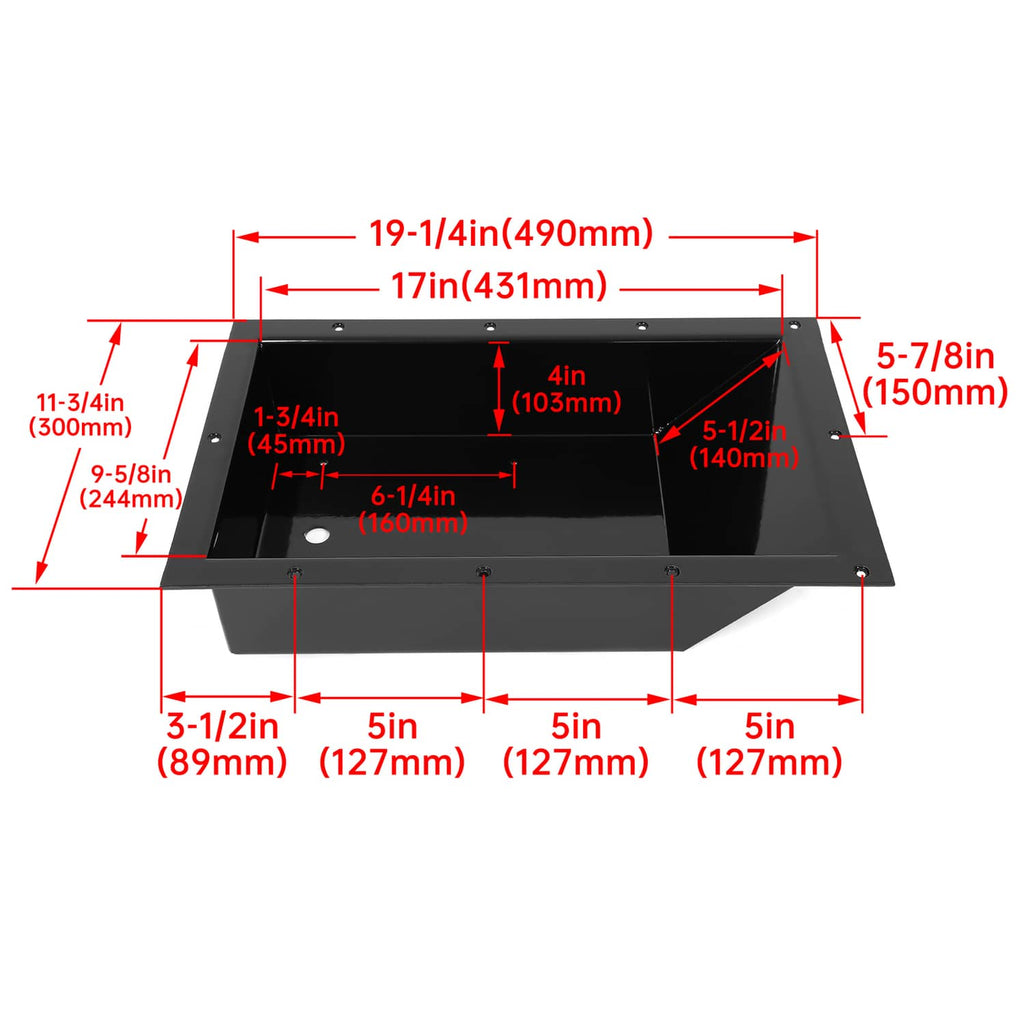 Recessed trolling motor foot pedal pan with size measurement diagram