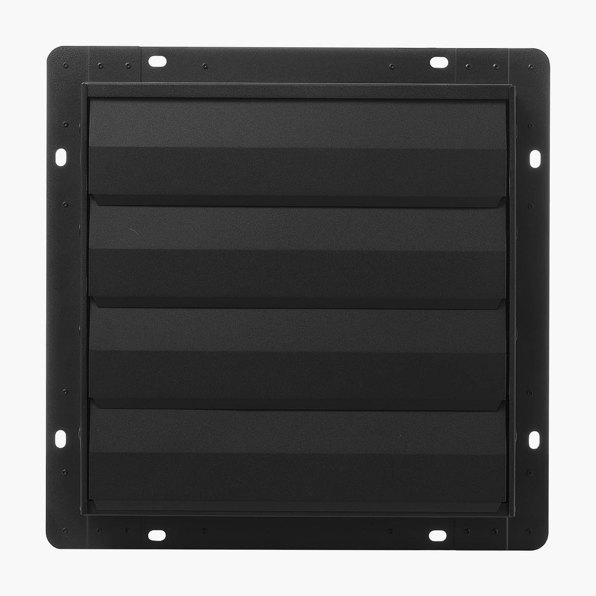 Wall-mounted shutter exhaust fan with dark louvered front panel and mounting frame