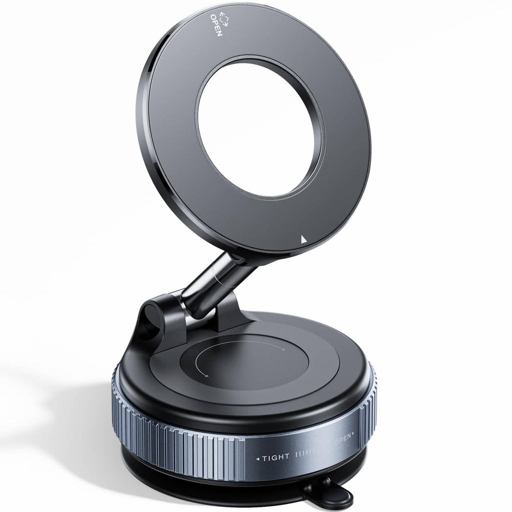 Black magnetic car phone holder base with circular ring and adjustable arm