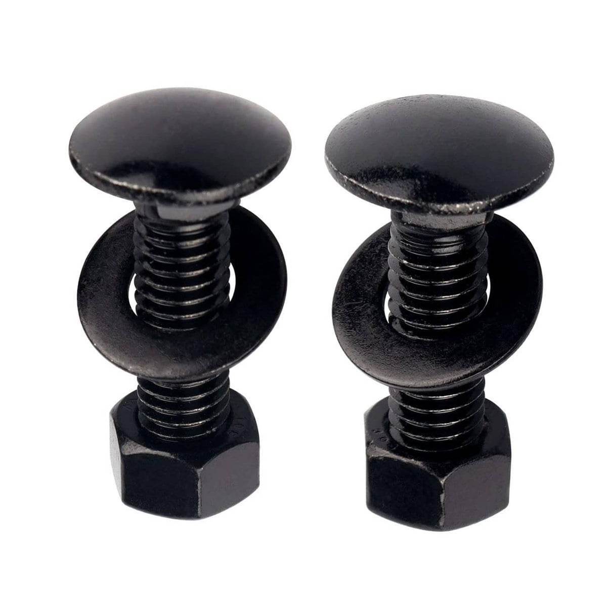 Black carriage bolts with domed heads and hex nuts attached (2 pieces)